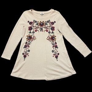 Umgee sweater Dress Waffle Knit Long Sleeve Floral Embroidered Cream Beige Boho